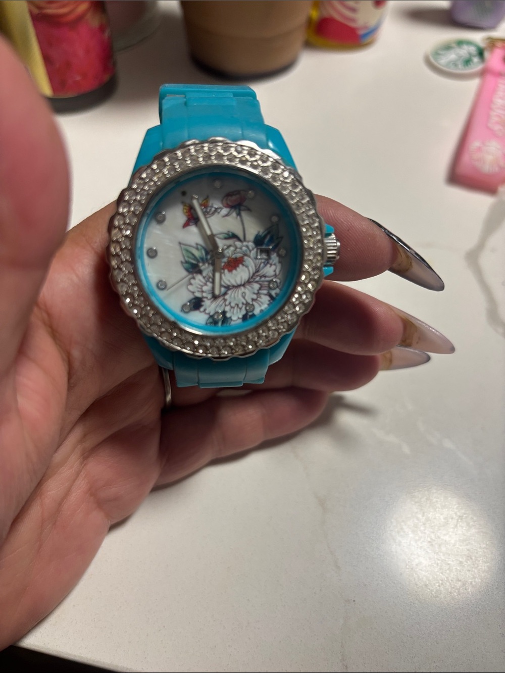 Ed Hardy Turquoise Floral Crystal Bezel Silicone Watch
